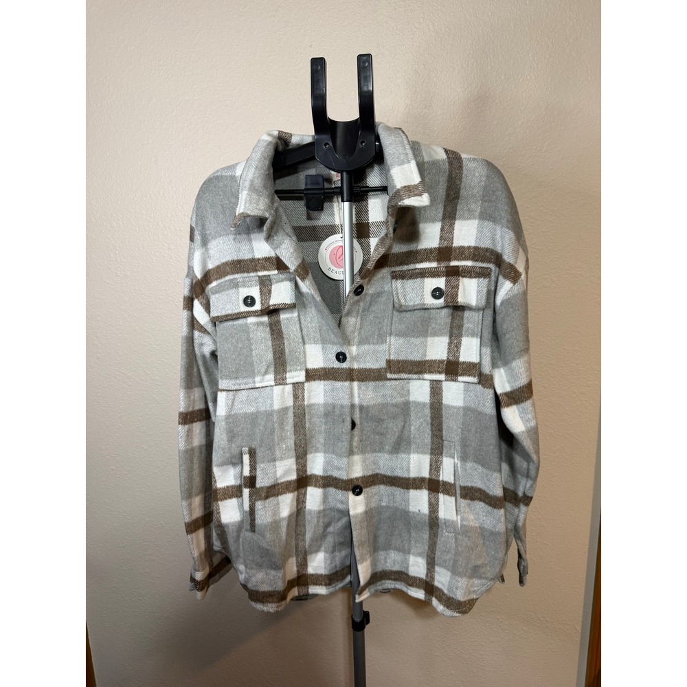 Beaully Womens Plaid Shacket Grey Brown White Button Up Jacket Large NWT
